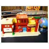 Vintage Fisher Price Little People main street, metal globe bank, and games