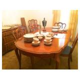 Mid-century dining-room table and six chairs, with matching sideboard