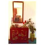 Red lacquered two-door cabinet with matching mirror