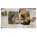 2 Antique Victorian Art Prints Little Girls And Dogs 2 Victorian Lady Head Vases