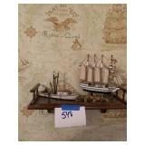 2 Model Ships on Wood Wall Shelf with Pirate Model Band