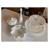Fenton White Milk Glass Tiered Serving Tray Hobnail Vase Candy Dish Tidbit Tray