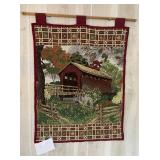 Needle Art Wall Nature Country Tapestry On Wood Rod Of Covered Bridge 