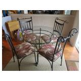 Very Nice Metal & Glass Dining Table, with 4 Upholstered Chairs. A few Glass Nicks