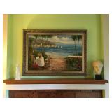  Riviera Oil Painting Nicely Framed by Aaron Bros. Ceramic Statues. Lot Number: 12