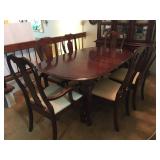 Queen Anne Style Formal Dining Table with Chairs (two are slightly different). Comes with 2 Leaves a