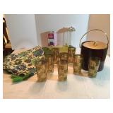 Lot # 25 - Gold & Green Vintage Drinking Glasses, Ice Bucket, Table Runner, Tablecloth, Plastic Plac