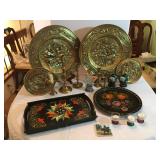 Decorative Brass Platters and Candlesticks, Metal and Wood Painted Trays, Ceramic Tile, Vases.