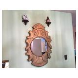 Unique Wood Carving with Mirror 24" x 36", Small Wood Shelves with Knick Knacks. 