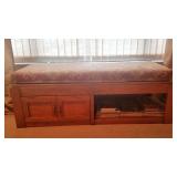 Oak & Cane Cabinet/Bench with Custom Upholstered Pad. Brass Fittings Lot Number: 7