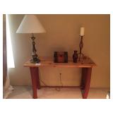 Sturdy Pine Accent Table with Painted Legs 48"x 17" x 28"h, Nice Brass Lamp, Decorative Box and Tabl
