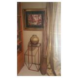 European Town Scene Print with Beautiful Gold Frame, Signed Art Pottery Vase, Metal Stand and Basket