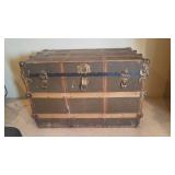 Antique Flat-Top Steamer Trunk, with Wood Slats & Brass Corners, Leather Handles are Damaged