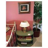 Adorable Green Painted Side Table with shelves. Handcrafted Brass Lamp, Vint. Cookbooks, Framed Flor