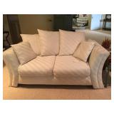 Stylish White/Cream Love Seat Sofa with Pillows, some spots need cleaning but in Great condition. Ma