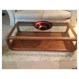 Quality Wood & Glass Coffee Table with Beautiful Decorative Glass Bowl. Great Condition.