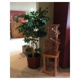 Bamboo Bird Cage, Small Pine Table, Faux Ficus Tree approx. 5