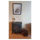 Charmglo Electric Fireplace, Signed Art with Weathered Frame, Oil Lamp, Pinecones/Basket