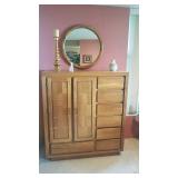 Oak Wardrobe w/Matching Oval Beveled Mirror. Belleek Kitty, Pottery Vase & Metal Candlestick