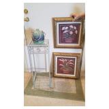 Beautiful Signed Pottery Vessel, Two Gold Framed Prints & Metal Table with Beveled Glass