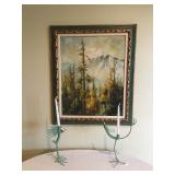 Vintage Framed Original Painting by C. Wang 31" x 37", Tall Metal Whimsical Handmade Candlestick Hol
