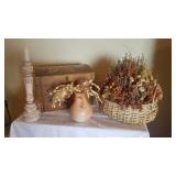 Painted Wood Treasure Box (corner issues), Thrown Pottery Vase, Candlestick