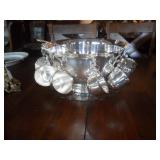 Silver plate punch bowl with 12 cups and ladle