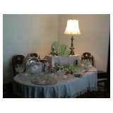 Dining Table w/6 chairs; Glassware; Silverplate and Depression Glass