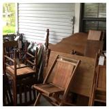 Wood chairs; Vintage table; Wood head/foot boards