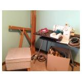 Quilt Rack, Sewing Otoman (filled), Purses, Sewing Machine and Table
