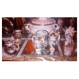 3 piece plateau 55.00. capodimonte salt and pepper shakers 45. lidded Compote 150.00