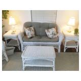 WICKER LOVE SEAT, COFFEE TABLE AND END TABLES  