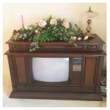VINTAGE CURTIS MATHIS ENTERTAINMENT CONSOLE WITH AM/FM, CASSETTE, 8-TRACK AND RECORD PLAYER.