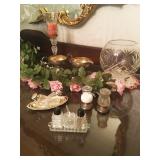 ANTIQUE SALT AND PEPPER, SILVER SUGAR AND CREAMER, CRYSTAL ROSE BOWL  