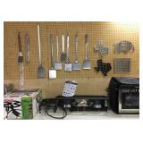 MANY NEW AND UNUSED CAMPING AND OUTDOOR GRILLING ACCESSORIES.