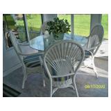 White Rattan Table with Glass Top and 4 Rattan Chairs