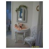 1/2 moon table with small bench, wicker chair , wicker mirror