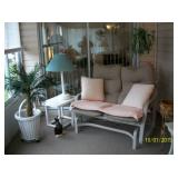 Rattan glider loveseat, side table , lamp , basket