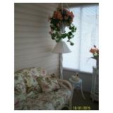 Flloor lamp , faux flowers , small wicker stool