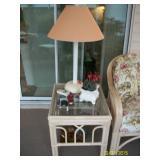Rattan glass topped end table , lamp