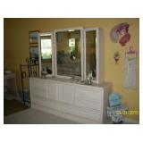 Light wood dresser with tri-fold mirror