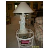  Lamp and oval rattan and glass end table