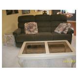 Lazyboy recliner sofa , light wood and glass coffee table and 1 round rattan and glass end table