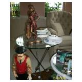 3 golf clubs and glass end table