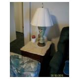 Marble topped end table with vintage lamp