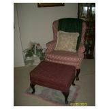 1 of 2 Pink wing back chairs and ottoman
