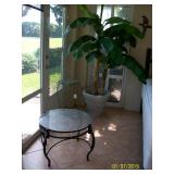 Faux tree , green metal plant stand, black metal and glass coffee table