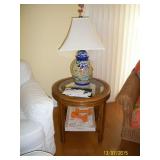 End table with colorful lamp