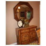 Rattan style side board with painted palm tree decoration, Octagon mirror