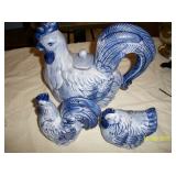 Blue rooster tea pot , Rooster and Hen salt and pepper set